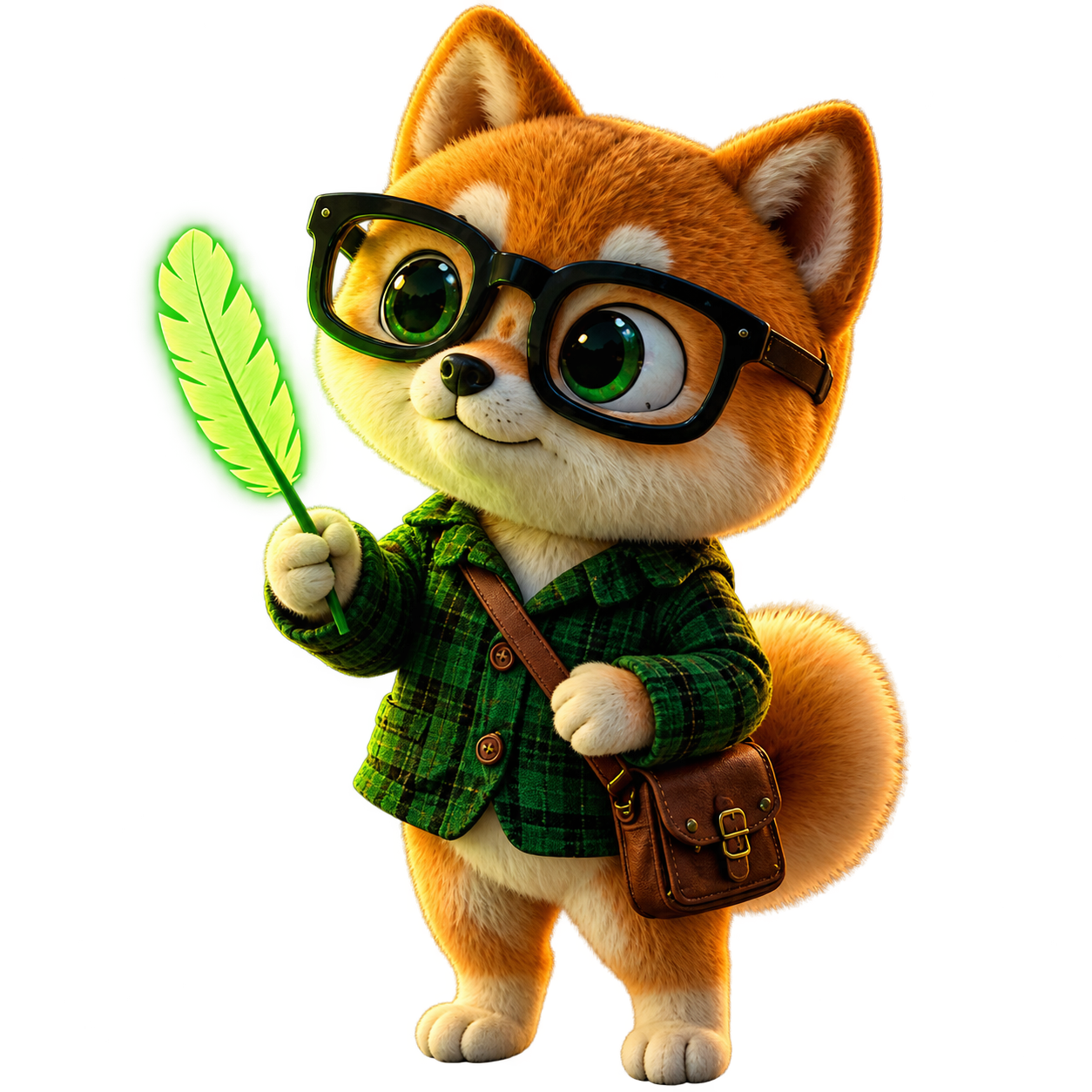 Shiba mascot holding a glowing green feather